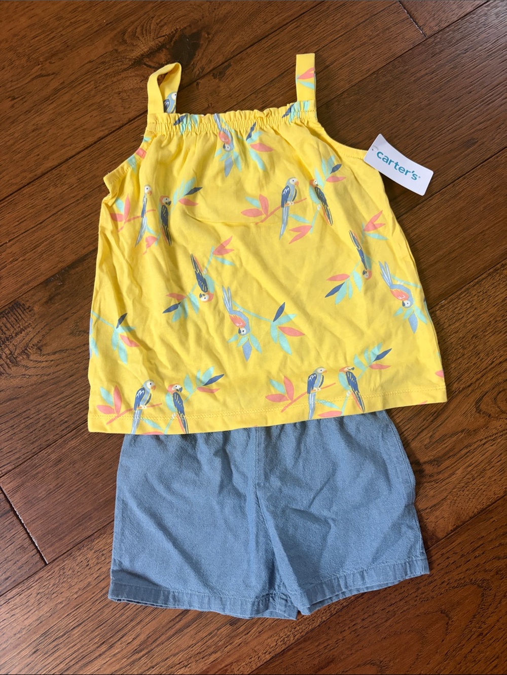 Yellow Parrot Print Tank with Blue chambray Shorts